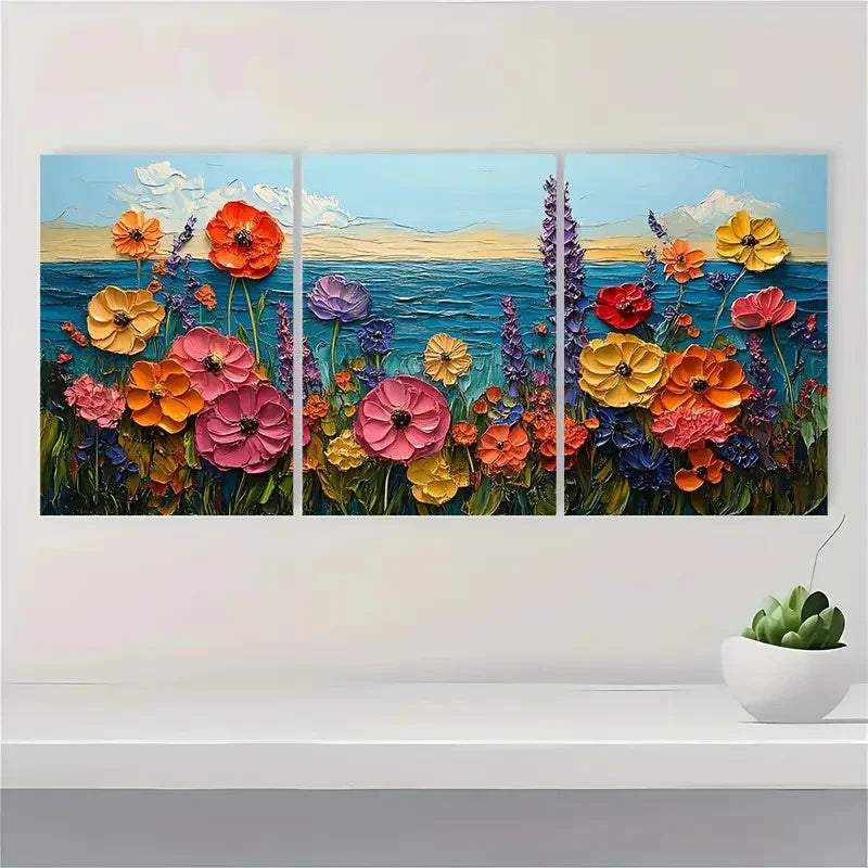 3pcs  Seascape Painting Flower Meadow  FM  Wall Art Set Canvas Framed 60x90cm - High Quality Print 100% Australian Made Wall Canvas Ready to Hang - Bella Home Decor