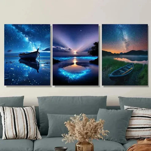 3pcs Starry Night Sky Blue Galaxy Landscape Wall Art Set Canvas Unframed - High Quality Print 100% Australian Made Wall Canvas