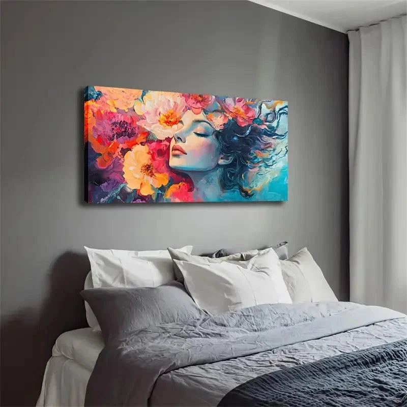Vibrant Girl & Flowers Design Wall Art Canvas Office Home Room Framed 120x60cm