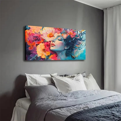 Vibrant Girl & Flowers Design Wall Art Canvas Office Home Room Framed 120x60cm