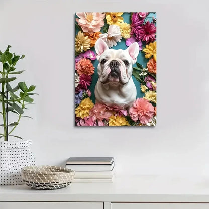 Beautiful Cute Bulldog with Colorful Flowers Painting 40x60cm Metal Print Ready to Hang - Bella Home Decor