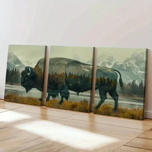 3pcs Buffalo Silhouette with Forest Landscape Wall Art Canvas Unframed - High Quality Print 100% Australian Made Wall Canvas