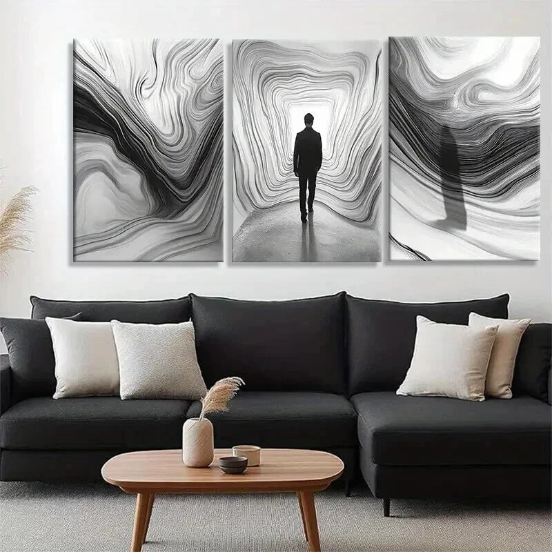 3pcs Solitary Figure Pathway Black White Perfect Wall Art Set Canvas Framed 60x90cm - High Quality Print 100% Australian Made Wall Canvas Ready to Hang