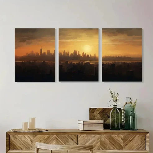 3pcs Urban Glow Sunset Cityscape Wall Art Set Canvas Unframed - High Quality Print 100% Australian Made Wall Canvas