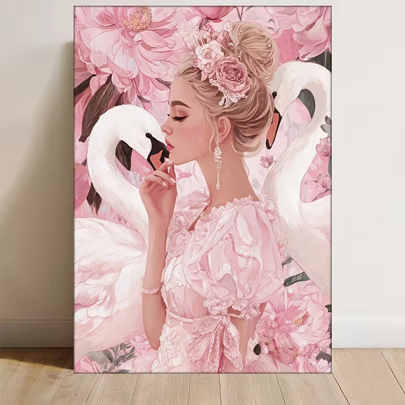 Elegant Swan Whimsical Pink Floral Design  60x90cm Metal Print Ready to Hang