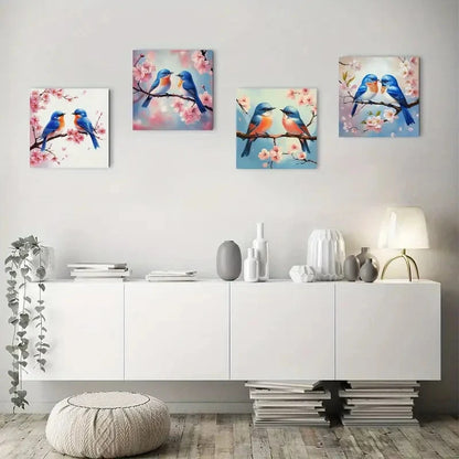 4pcs oriental cherry Love Birds Wall Art Canvas Framed