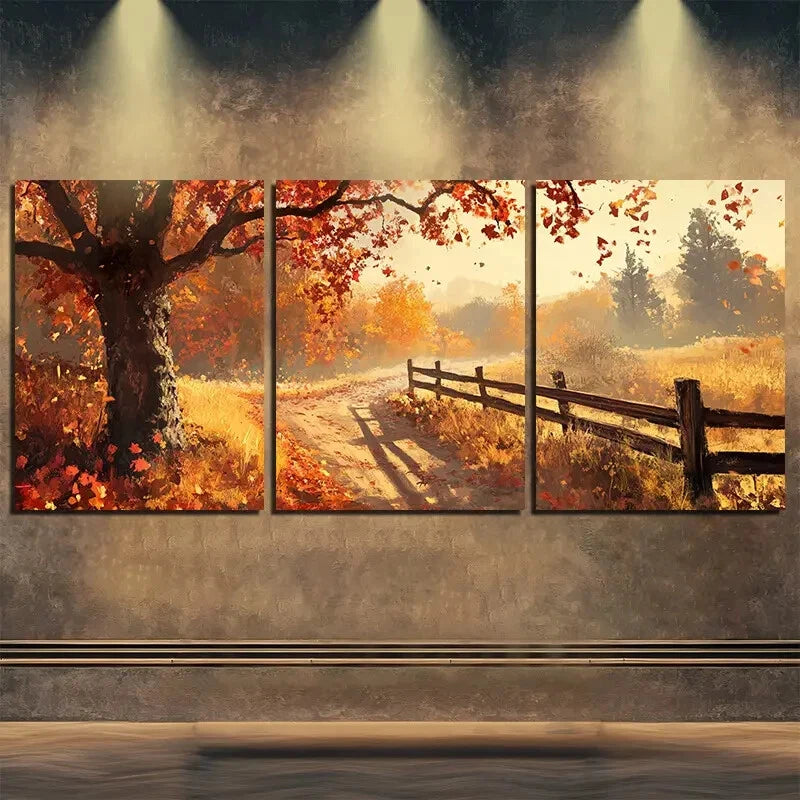 3pcs Autumn Tree & Golden Leaves Shine Perfect Wall Art Set Canvas Framed 40x60cm - High Quality Print 100% Australian Made Wall Canvas Ready to Hang