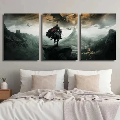3pcs Flying Dragon And Black Knight Wall Art Canvas Unframed - High Quality Print 100% Australian Made Wall Canvas - Bella Home Decor