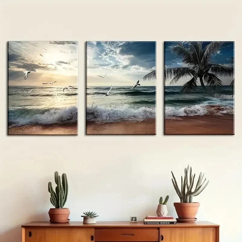 3pcs Beach Sunset Ocean Themed Wall Art Set Canvas Framed 60x90cm - High Quality Print 100% Australian Made Wall Canvas Ready to Hang - Bella Home Decor