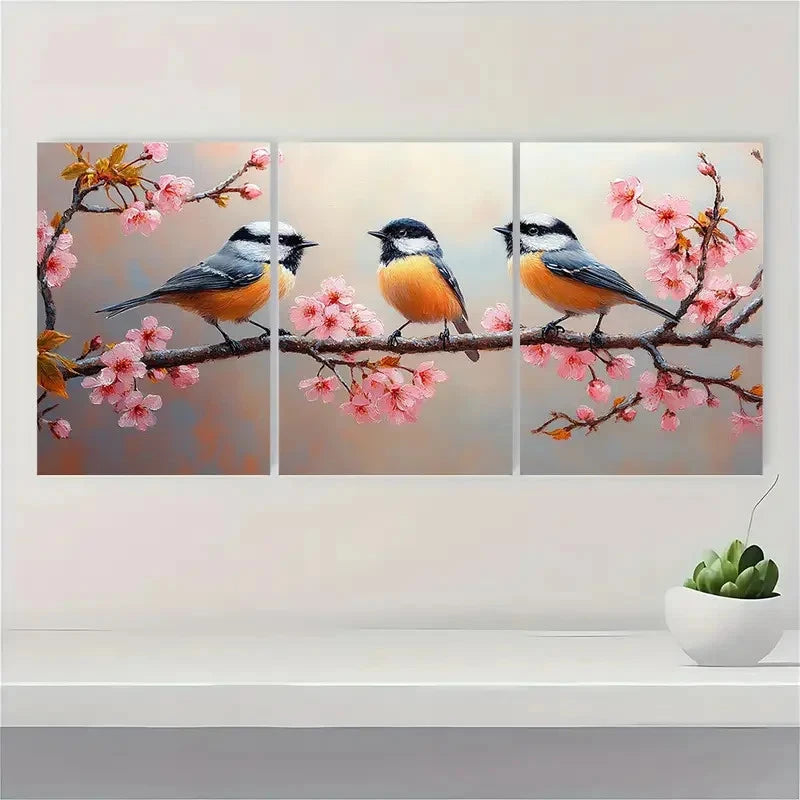 3pcs Three Chickadee Birds on a Cherry CB  Wall Art Set Canvas Framed 40x60cm - High Quality Print 100% Australian Made Wall Canvas Ready to Hang - Bella Home Decor