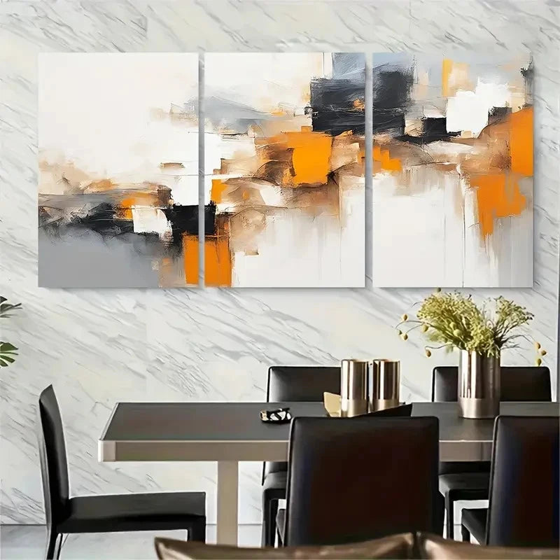 3pcs Abstract Orange & Beige Metal Print Ready to Hang Art - Bella Home Decor