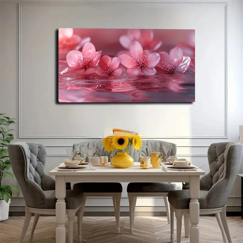Pink Flowers Floating Water Wall Art Canvas Office Home Room Framed 120x60cm