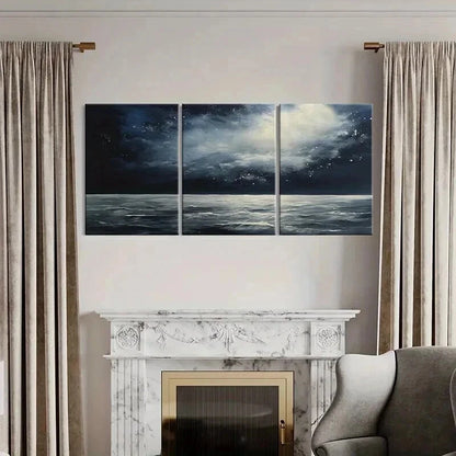 3pcs Moonlit Ocean Waves Dark Sky Clouds Night Wall Art Set Canvas Framed 40x60cm - High Quality Print 100% Australian Made Wall Canvas Ready to Hang - Bella Home Decor