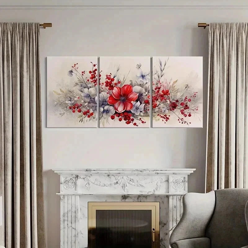 3pcs Red Flower Bouquet Abstract Floral Wall Art Set Canvas Framed 60x90cm - High Quality Print 100% Australian Made Wall Canvas Ready to Hang - Bella Home Decor