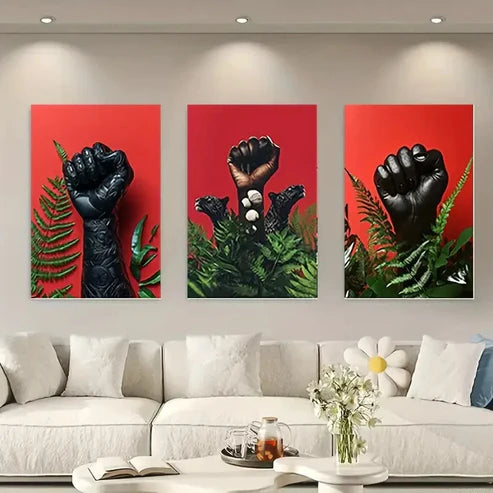 3pcs Black Fists & Red Background, Modern Wall Art Set Canvas Unframed - High Quality Print 100% Australian Made Wall Canvas - Bella Home Decor