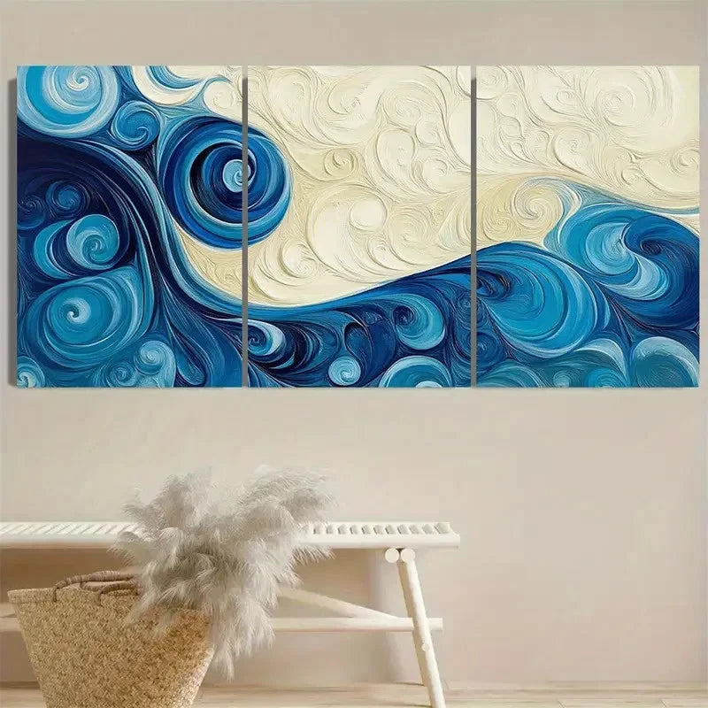 3pcs Swirls on Cream and Blue Wall Art Set Canvas Framed 60x90cm - High Quality Print 100% Australian Made Wall Canvas Ready to Hang