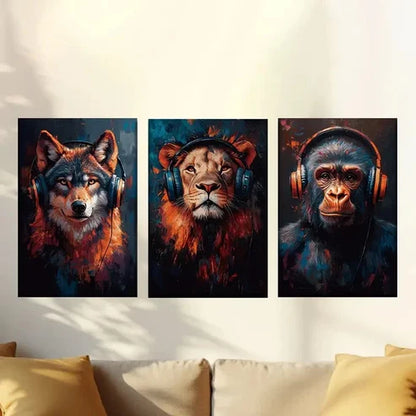 3pcs Wolf, Lion, Orangutan Wearing Headphones Wall Art Set Canvas Unframed – High Quality Print 100% Australian Made Wall Canvas
