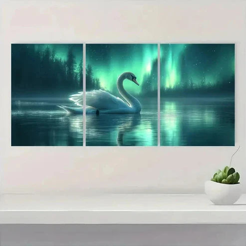 3pcs Northern Lights Aurora Borealis Swan E Wall Art Set Canvas Unframed - High Quality Print 100% Australian Made Wall Canvas