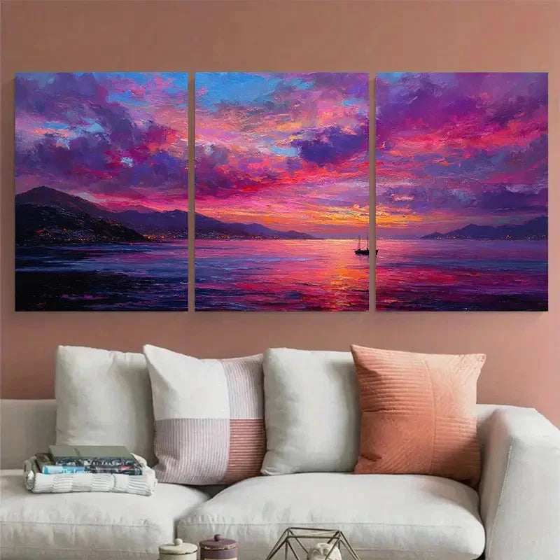 3pcs Boat Sunset Scenic Seamless Perfect Wall Art Set Canvas Framed 40x60cm - High Quality Print 100% Australian Made Wall Canvas Ready to Hang - Bella Home Decor