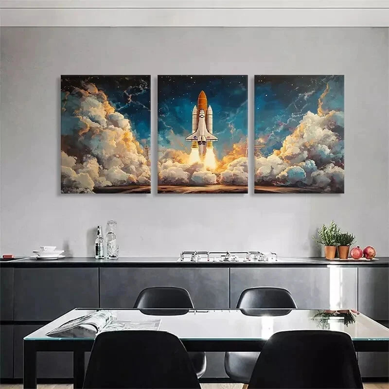 3pcs Space Shuttle Launch Vibrant Perfect Wall Art Set Canvas Framed 60x90cm - High Quality Print 100% Australian Made Wall Canvas Ready to Hang