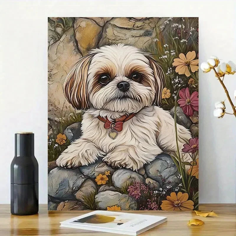 Cute White And Brown Shih Tzu Dog Sitting on Rocks  40x60cm Metal Print Ready to Hang