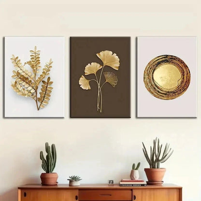 3pcs Modern Stylish Golden Leaf Perfect Wall Art Set Canvas Framed 60x90cm - High Quality Print 100% Australian Made Wall Canvas Ready to Hang - Bella Home Decor
