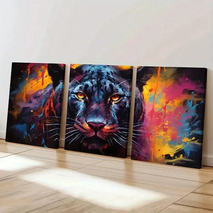 3pcs Black Panther Leopard Retro Watercolor Wall Art Set Canvas Framed 50x70cm - High Quality Print 100% Australian Made Wall Canvas Ready to Hang - Bella Home Decor