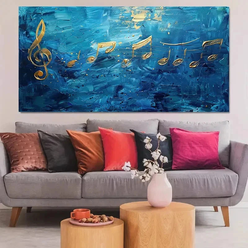Contemporary Blue And Golden Wall Art Canvas Office Home Room Framed 120x60cm