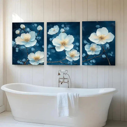 3pcs Stylish White Blossoms on Deep Blue Perfect Wall Art Canvas Unframed - High Quality Print 100% Australian Made Wall Canvas
