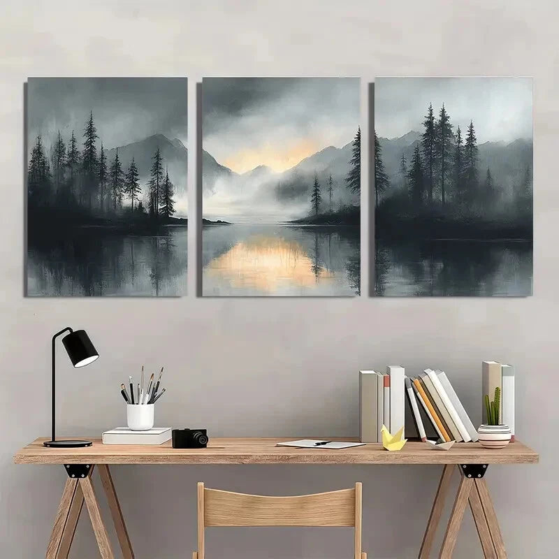 3pcs Gray Watercolor Abstract Landscape Metal Print Ready to Hang Art - Bella Home Decor