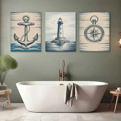 3pcs  Anchor, Lighthouse, Compass  Wall Art Set Canvas Framed 40x60cm - High Quality Print 100% Australian Made Wall Canvas Ready to Hang - Bella Home Decor