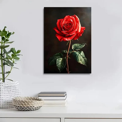 Stunning Red Rose Dark Background with Green Painting 40x60cm Metal Print Ready to Hang - Bella Home Decor