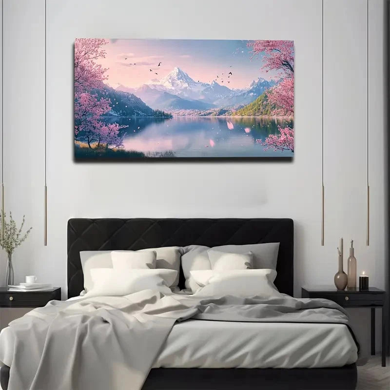 Cherry Blossoms & Pink Sunrise Wall Art canvas office home room framed 120x60cm