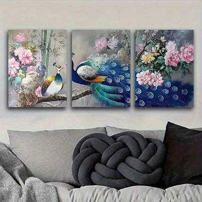 3pcs PeaRooster and Flowers Illustration Wall Art Set Canvas Framed 50x70cm - High Quality Print 100% Australian Made Wall Canvas Ready to Hang