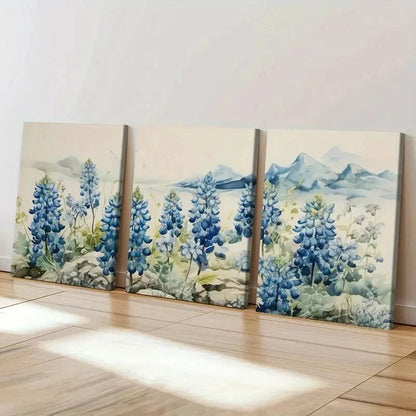 3pcs Mountain Landscape with Bluebonnet Flowers Wall Art Set Canvas Framed 60x90cm - High Quality Print 100% Australian Made Wall Canvas Ready to Hang - Bella Home Decor