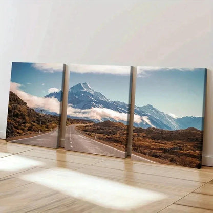 3pcs Snowy Mountains Roads Natural Wall Art Set Canvas Framed 50x70cm - High Quality Print 100% Australian Made Wall Canvas Ready to Hang
