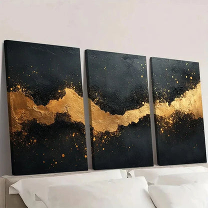 3pcs Abstract Black And Golden Splatter Texture Wall Art Set Canvas Unframed - High Quality Print 100% Australian Made Wall Canvas - Bella Home Decor