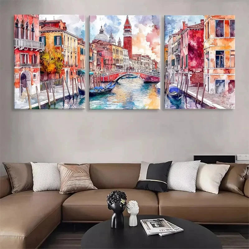 3pcs Venice Canal Triptych Vibrant Perfect Wall Art Set Canvas Framed 40x60cm - High Quality Print 100% Australian Made Wall Canvas Ready to Hang