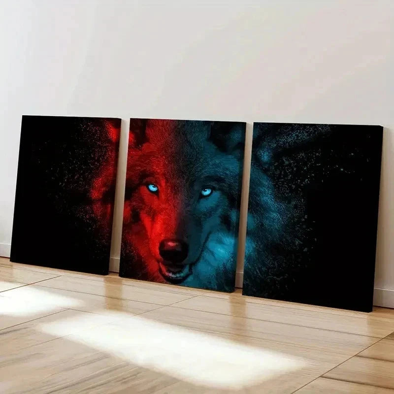 3pcs Dark style Red And Blue Wolf Animal Wall Art Set Canvas Framed 60x90cm - High Quality Print 100% Australian Made Wall Canvas Ready to Hang - Bella Home Decor