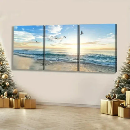 3pcs Modern Beach Sunset with Birds & Waves Wall Art Set Canvas Unframed - High Quality Print 100% Australian Made Wall Canvas