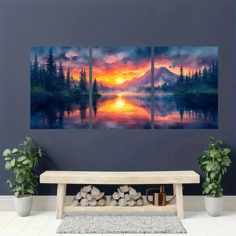 3pcs Oregon Watercolor Painting Mountain Lake Metal Print Ready to Hang Art - Bella Home Decor