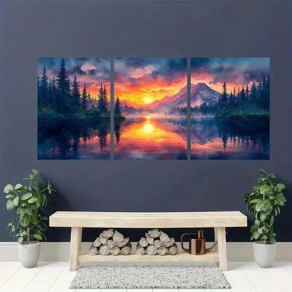 3pcs Oregon Watercolor Painting Mountain Lake Metal Print Ready to Hang Art - Bella Home Decor
