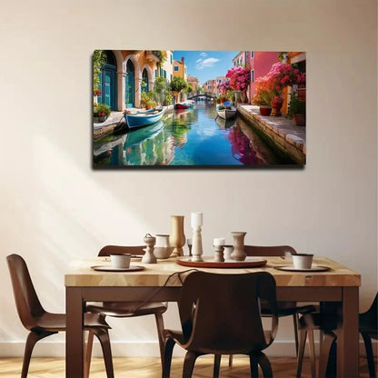 Water City Warm Small Boat Wall Art Canvas Office Home Room Framed 120x60cm