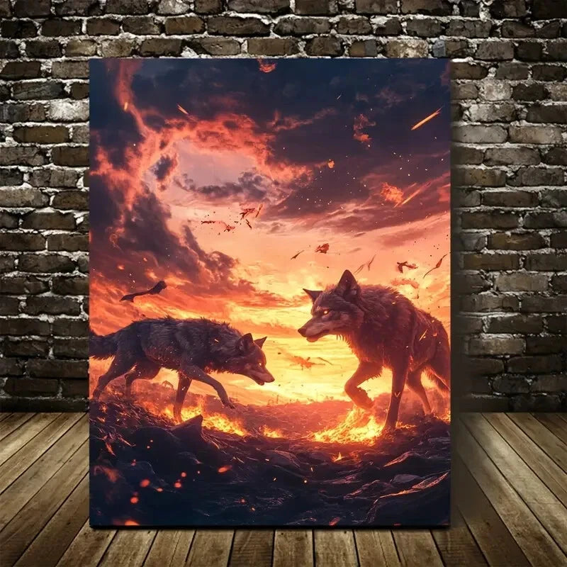 Steampunk Wolf Scene With Glowing Sunset 40x60cm Metal Print Ready to Hang - Bella Home Decor