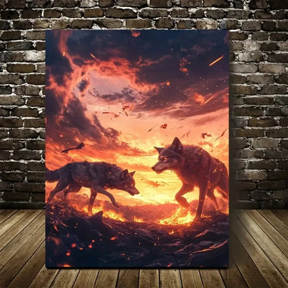 Steampunk Wolf Scene With Glowing Sunset 40x60cm Metal Print Ready to Hang - Bella Home Decor