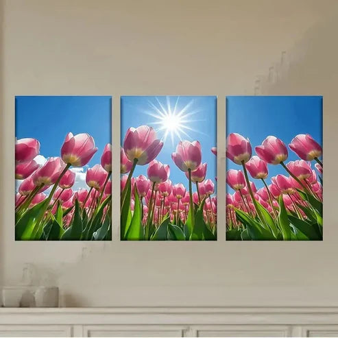 3pcs pink tulips in the sun  Wall Art Set Canvas Unframed - High Quality Print 100% Australian Made Wall Canvas - Bella Home Decor