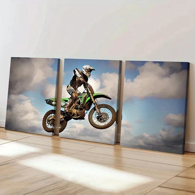 3pcs Motocross Racing Dirt Bike Rider in Action Wall Art Set Canvas Framed 40x60cm - High Quality Print 100% Australian Made Wall Canvas Ready to Hang