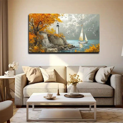 Autumn Seaside Lighthouse Wall Art canvas office home room framed 120x60cm