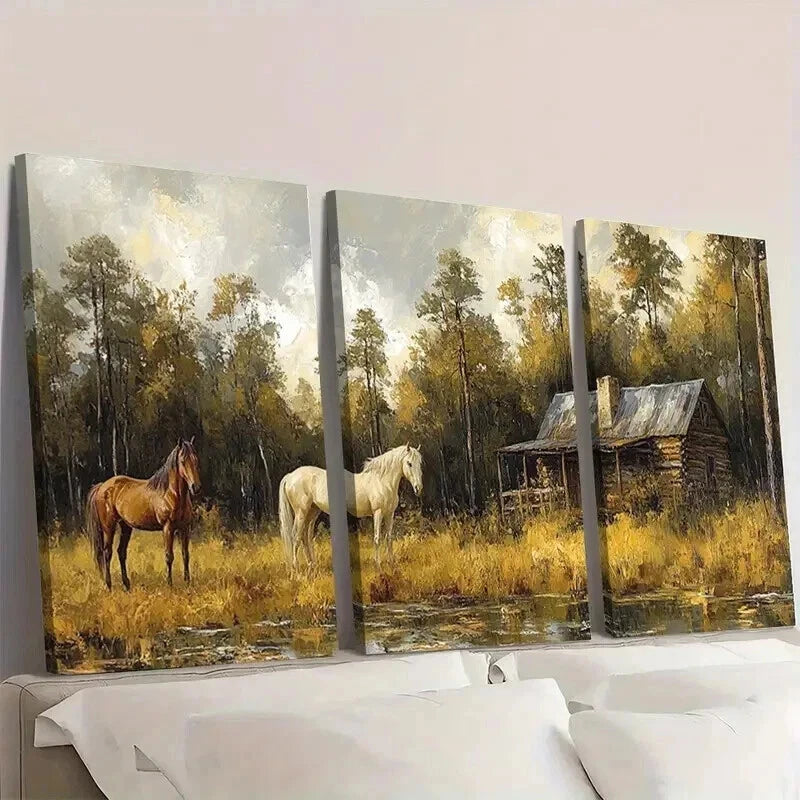 3pcs Green Forest Cabin Horse Abstract Painting Wall Art Set Canvas Framed 60x90cm - High Quality Print 100% Australian Made Wall Canvas Ready to Hang - Bella Home Decor