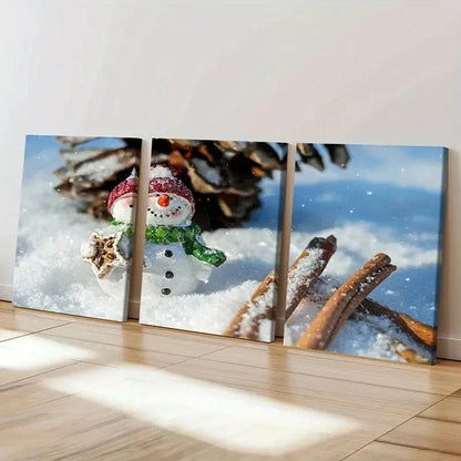 3pcs Winter Christmas Decoration Snowman Wall Art Set Canvas Framed 50x70cm - High Quality Print 100% Australian Made Wall Canvas Ready to Hang